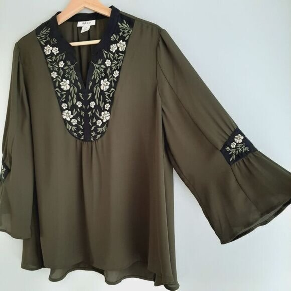STYLE & CO Boho Peasant Blouse Floral Embroidered Flowy Bell Sleeve Sz L - Picture 6 of 15